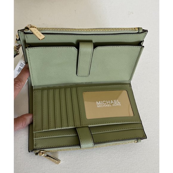 New Michael Kors Jet Set Travel Double Zip Wallet Saffiano Leather Light Sage - Picture 5 of 6